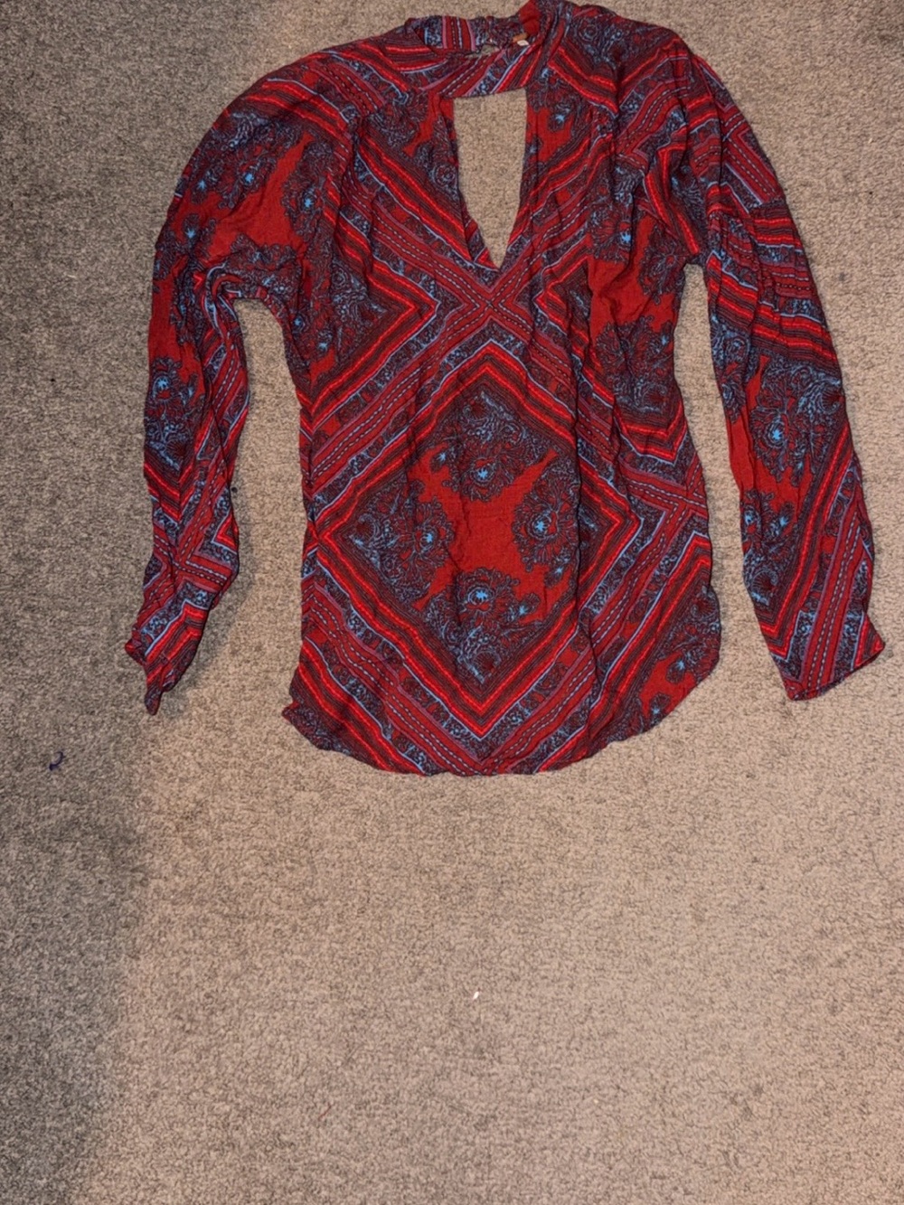 Free People Red Paisley-Print V-Neck Long Sleeve Blouse